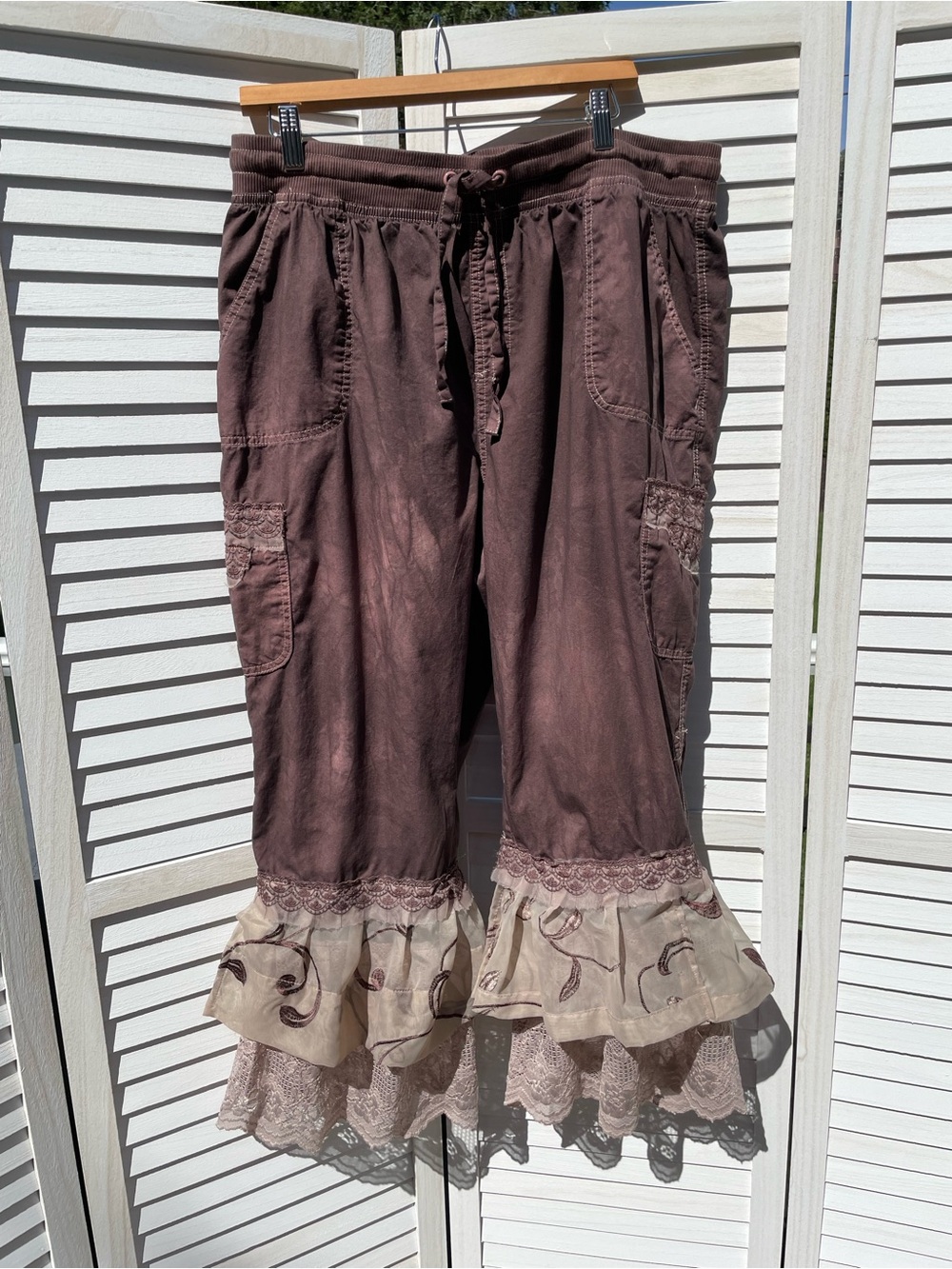 Upcycled Burgundy Bloomers Boho Ruffle Pants Romantic Cotton Drawstring Pants